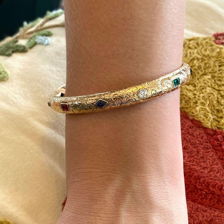 18 Karat Yellow Gold Gemset Engraved Bangle For Sale at 1stdibs