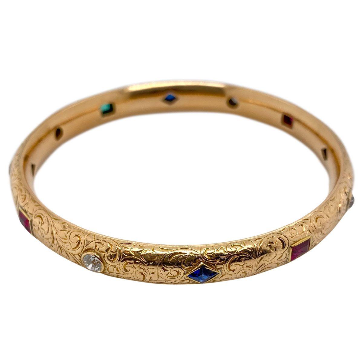 18 Karat Yellow Gold Gemset Engraved Bangle In Good Condition In QLD , AU