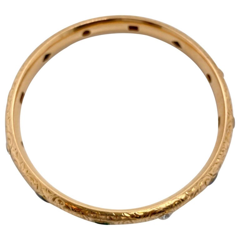 18 Karat Yellow Gold Gemset Engraved Bangle For Sale at 1stdibs