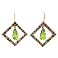18 Karat Yellow Gold Geometric Briolette Peridot Blue Sapphire Dangle Earrings