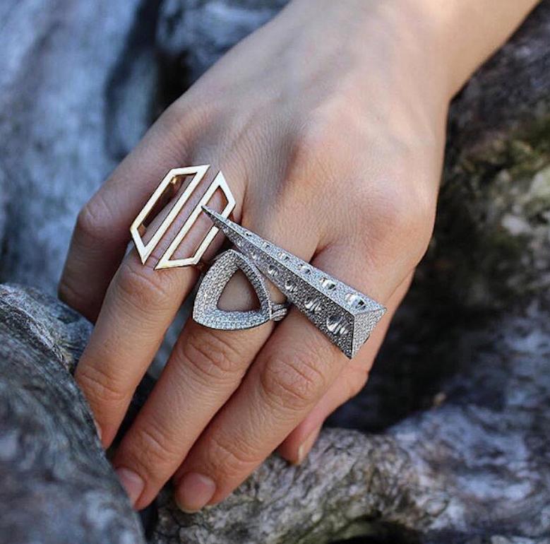 18k Yellow Gold Armor Ring features a solid geometric hexagon frame, empty space, and a double solid gold band
18k brushed Yellow Gold finish
From Karma El Khalil's Classics Collection 
Style with Karma El Khalil's Floating Triangle Ring  