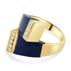 18 Karat Yellow Gold Geometric Lapis and Diamond Ring