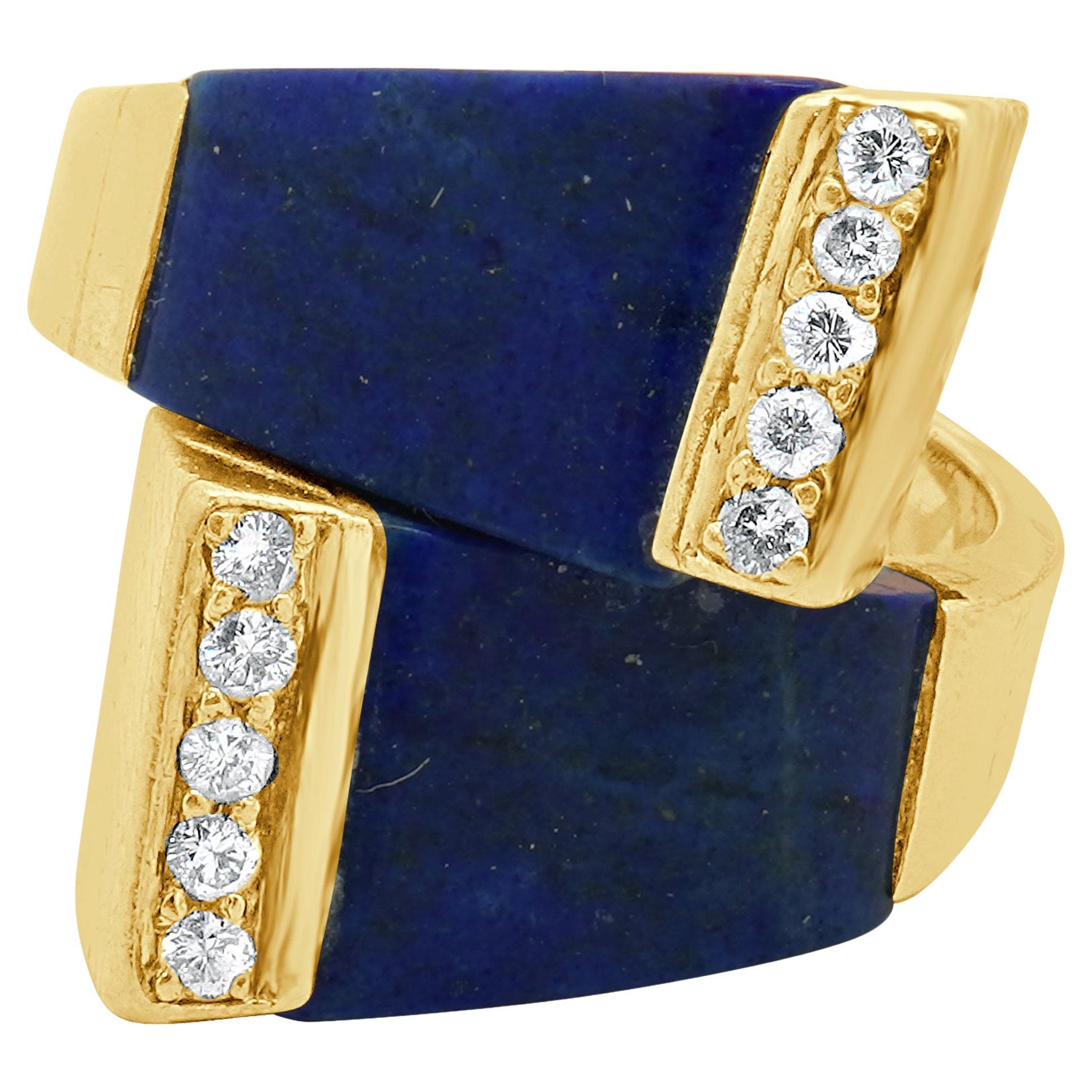 18 Karat Yellow Gold Geometric Lapis and Diamond Ring