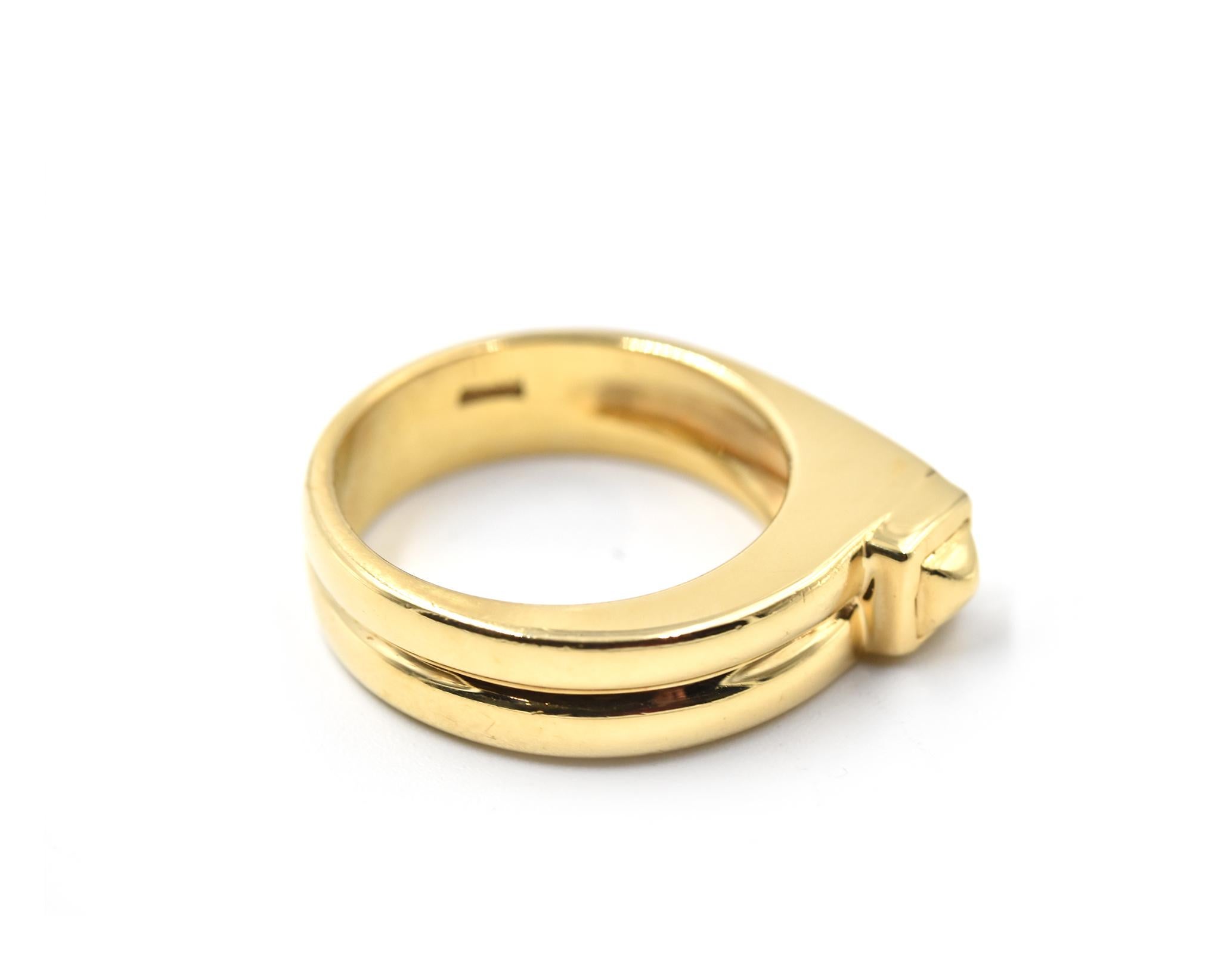Designer: custom design
Material: 18k Yellow Gold
Ring Size: 6 ¾  (please allow two additional shipping days for sizing requests)
Dimensions: ring top is 5.87mm wide 
Weight: 10.54 grams
