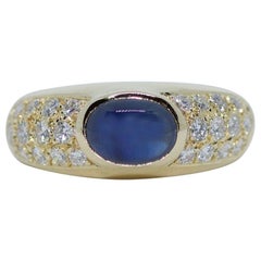 18 Karat Yellow Gold GIA Certified Cabochon Blue Sapphire and Diamond Ring