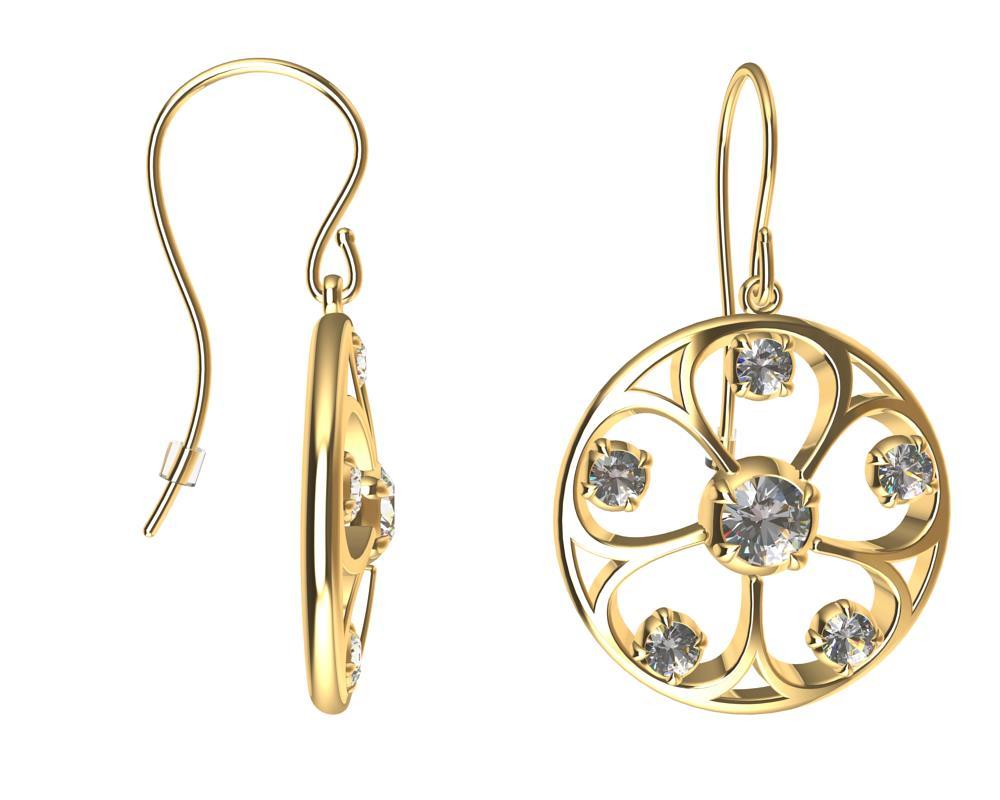 Round Cut 18 Karat Yellow Gold GIA Diamond 5 Petal Flower Earrings For Sale
