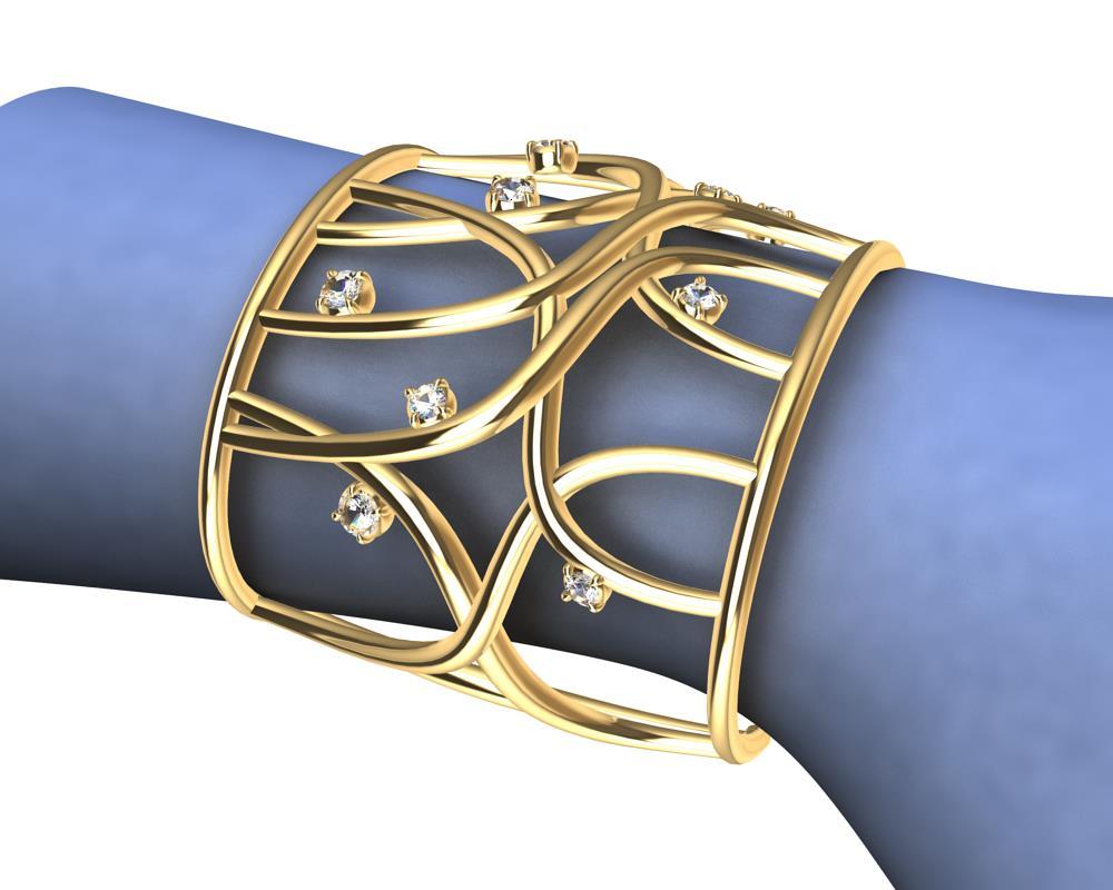 Contemporain Bracelet manchette en or jaune 18 carats avec diamants GIA en vente