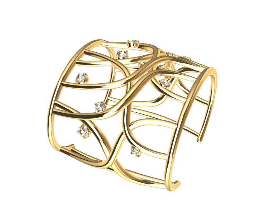 Taille ronde Bracelet manchette en or jaune 18 carats avec diamants GIA en vente