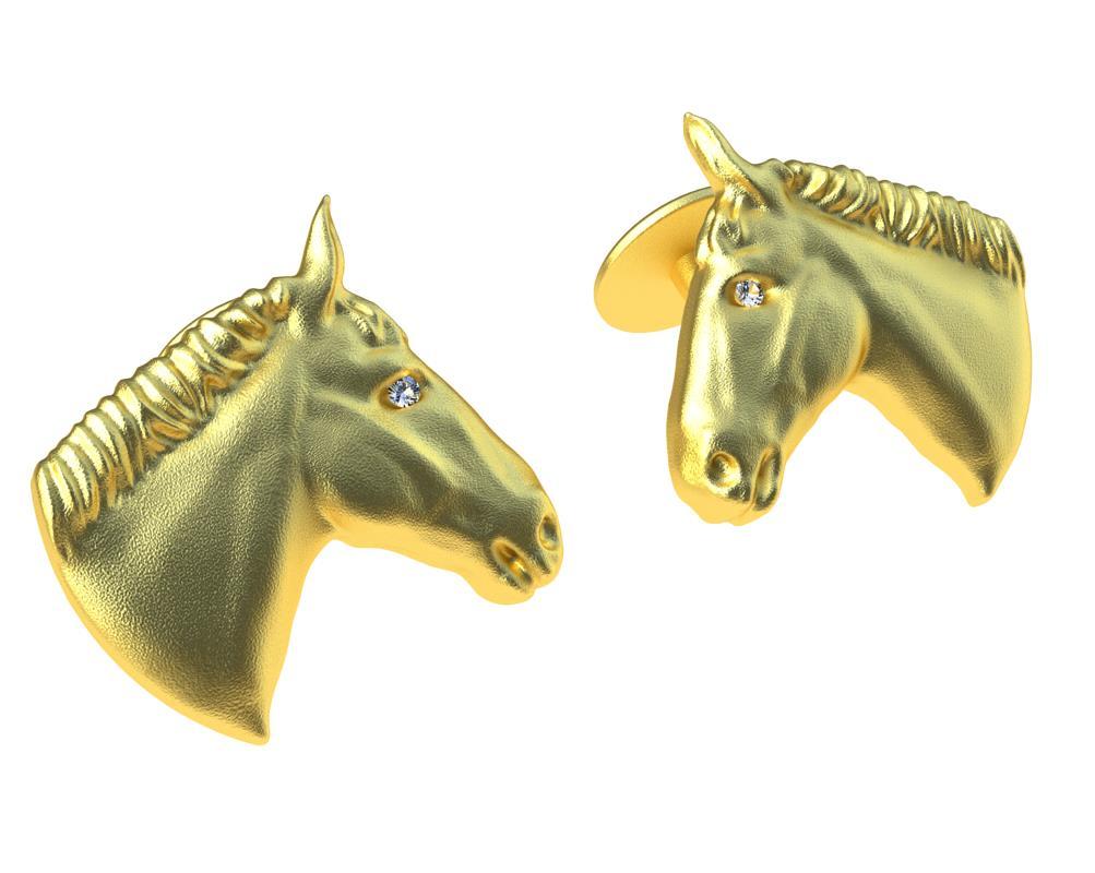 18 Karat Yellow Gold Gia Diamond Horse Cufflinks,  Tiffany Designer, Thomas Kurilla created this for horse lovers. The joy of life, sculpting from a live NYPD Horse. Foley was the model for this elegant horse. Foley was a wild Wyoming horse just a