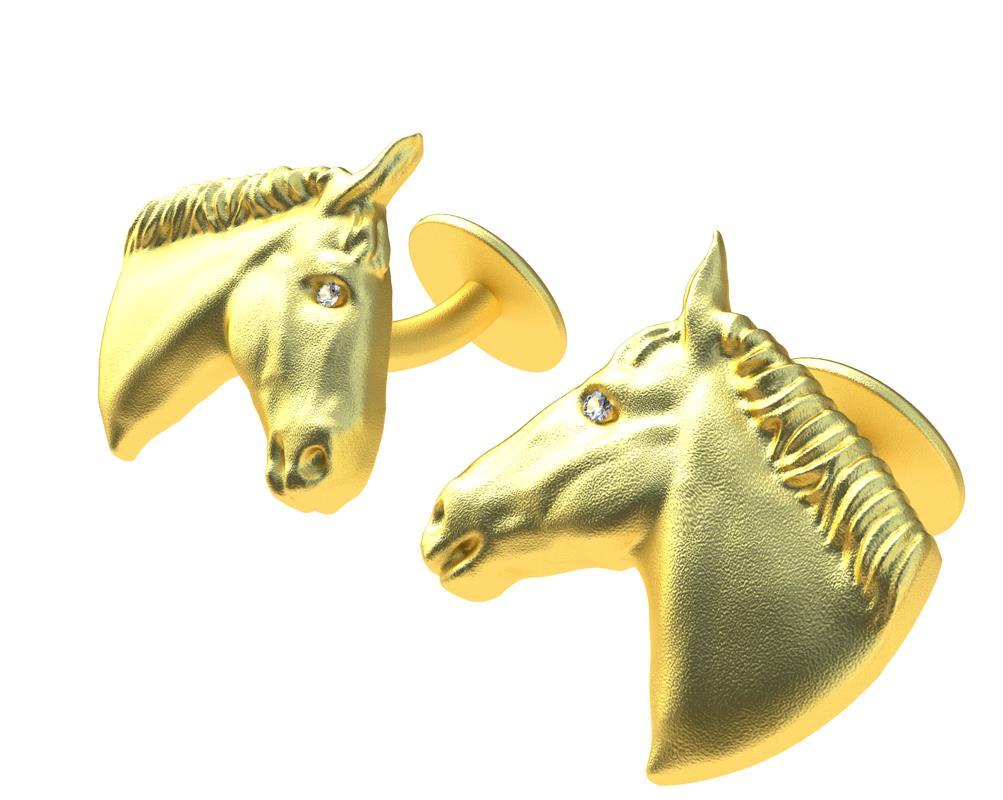 Women's or Men's 18 Karat Yellow Gold GIA Diamond Horse Cufflinks For Sale