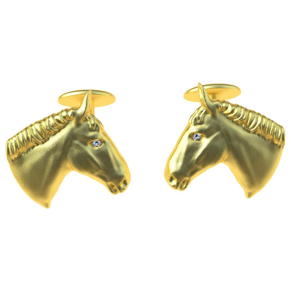 18 Karat Yellow Gold GIA Diamond Horse Cufflinks