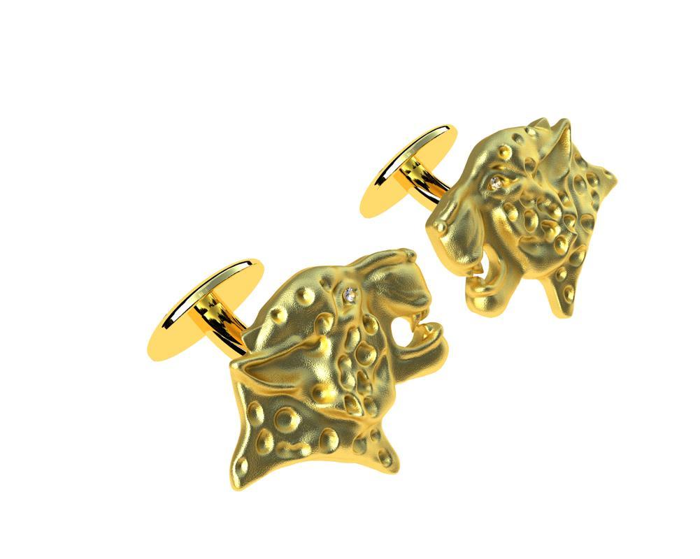Taille ronde Boutons de manchette léopard en or jaune 18 carats avec diamants certifiés GIA en vente