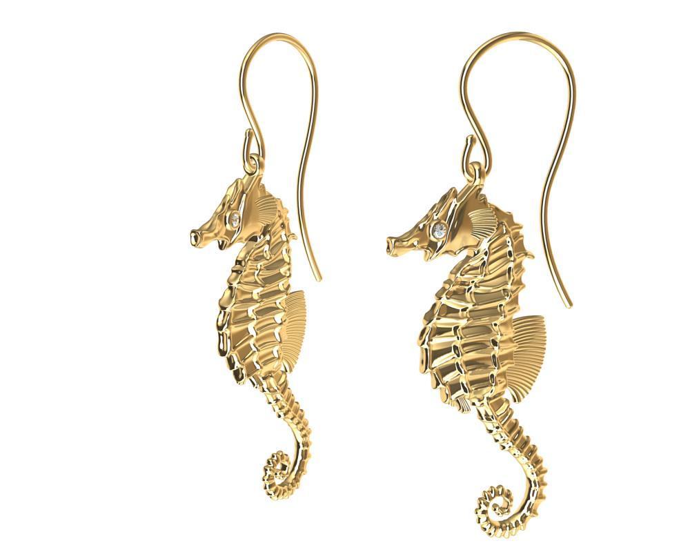 18 Karat Yellow Gold GIA Diamond Sea Horse Earrings, These are sculpted by Tiffany Designer,  Thomas Kurilla. The ocean, we've got to love it. These sea horses are actually life size.  30 mm long with diamond eyes. The life and energy of the ocean