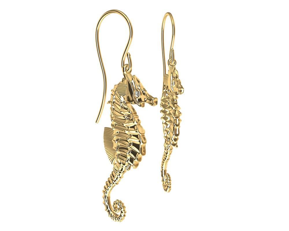 18 Karat Yellow Gold GIA Diamond Sea Horse Earrings For Sale 1