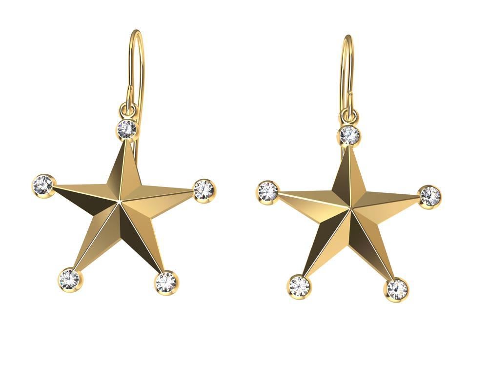 Round Cut 18 Karat Yellow Gold GIA Diamond Star Dangle Earrings For Sale