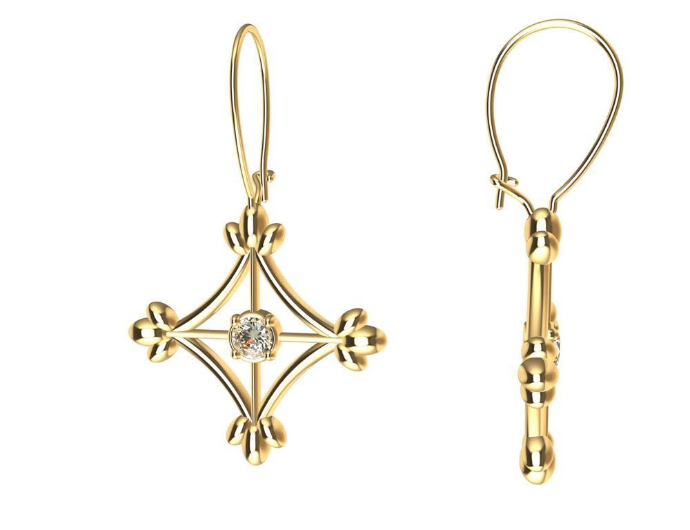 18 Karat Yellow Gold Diamonds Rhombus Flower Dangle Earrings, Tiffany designer,Thomas  Kurilla designed these using the decorative ironwork of Europe  and Caribbean islands. The gates, fences, and window guards all have a delicate style to make a