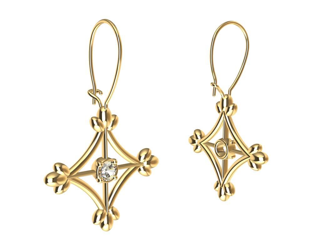 Contemporary 18 Karat Yellow Gold Diamonds Rhombus Flower Dangle Earrings For Sale