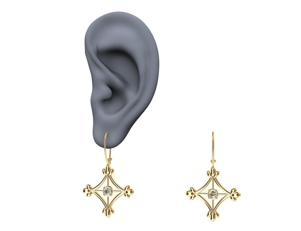 Taille ronde Pendants d'oreilles fleur de losange en or jaune 18 carats et diamants en vente