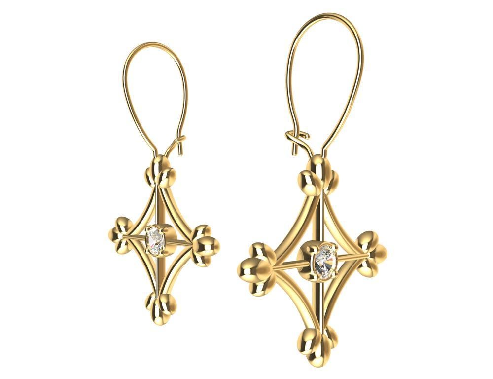 Women's 18 Karat Yellow Gold Diamonds Rhombus Flower Dangle Earrings