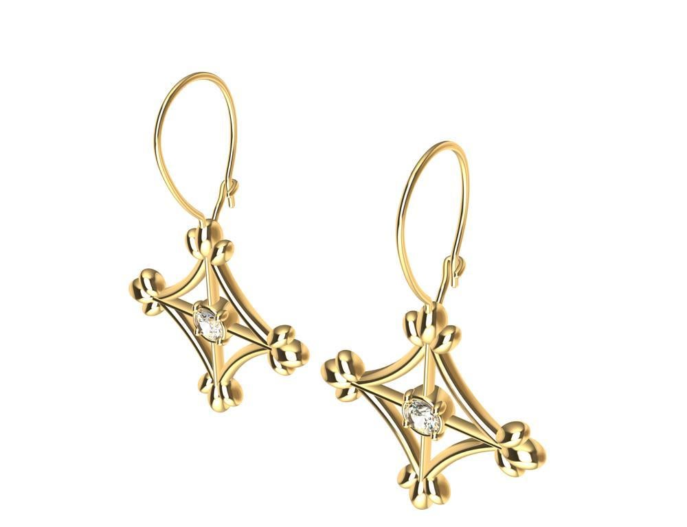 18 Karat Yellow Gold Diamonds Rhombus Flower Dangle Earrings For Sale 1