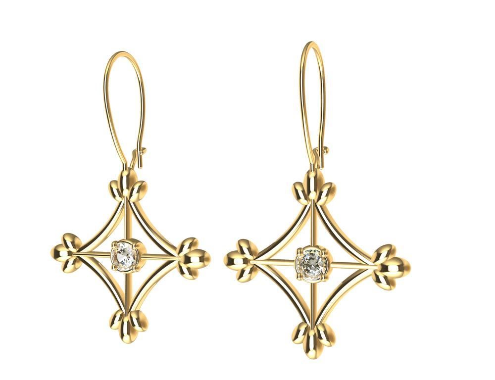 18 Karat Yellow Gold Diamonds Rhombus Flower Dangle Earrings For Sale 2