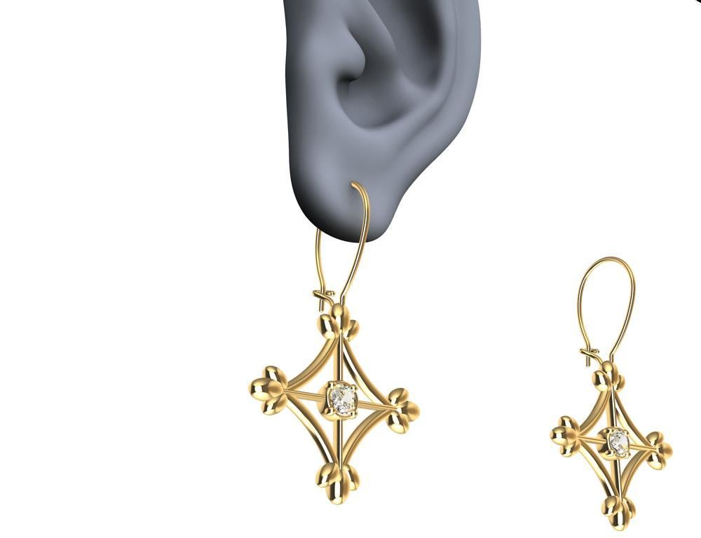18 Karat Yellow Gold Diamonds Rhombus Flower Dangle Earrings For Sale 3
