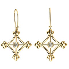 Used 18 Karat Yellow Gold Diamonds Rhombus Flower Dangle Earrings