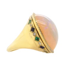18 Karat Yellow Gold Giant Fire Opal Emerald Sapphire Diamond Ring