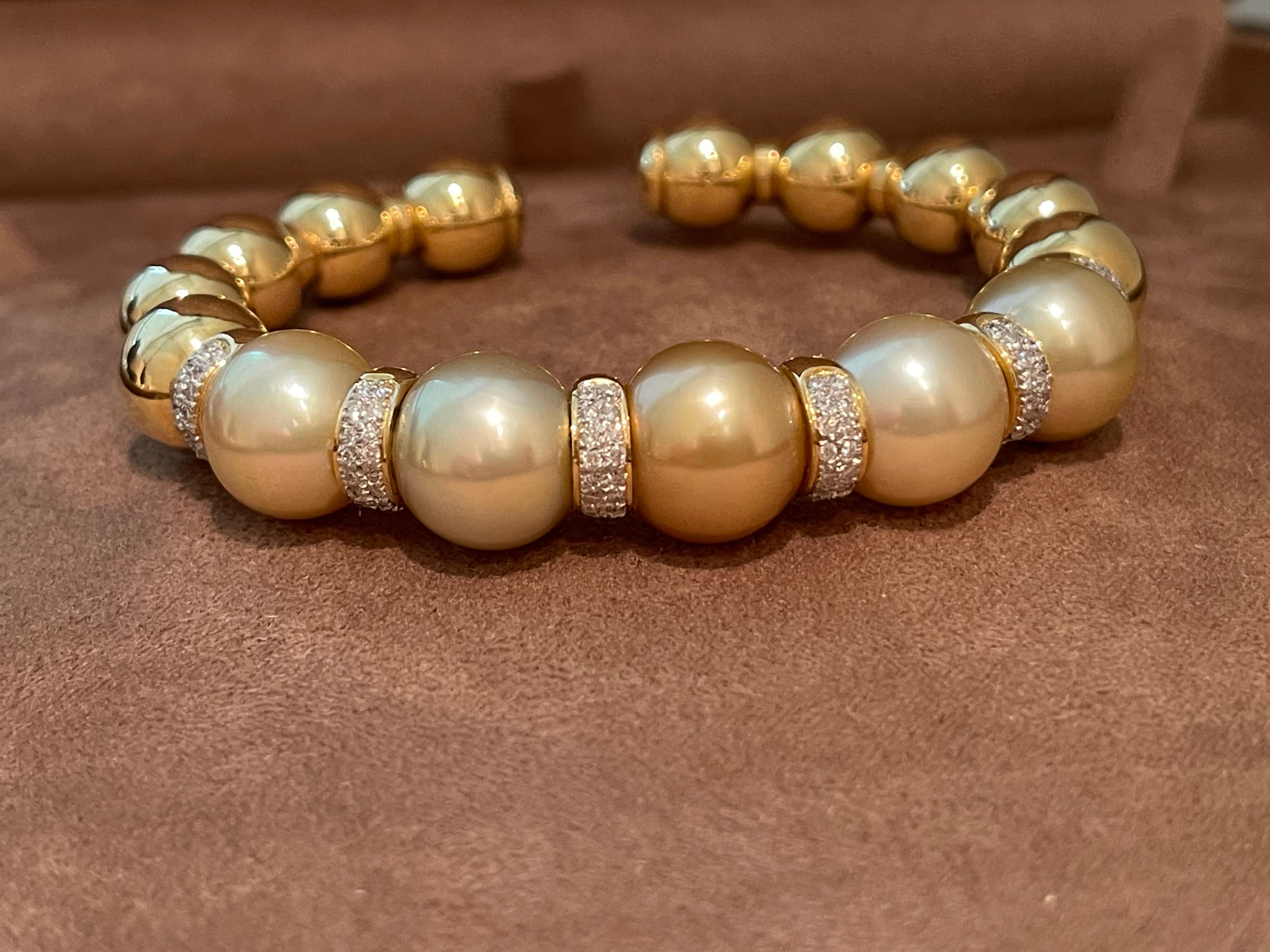 Women's 18 Karat Yellow Gold Golden South Sea Pearl and Diamond Bracelet / Bangle For Sale