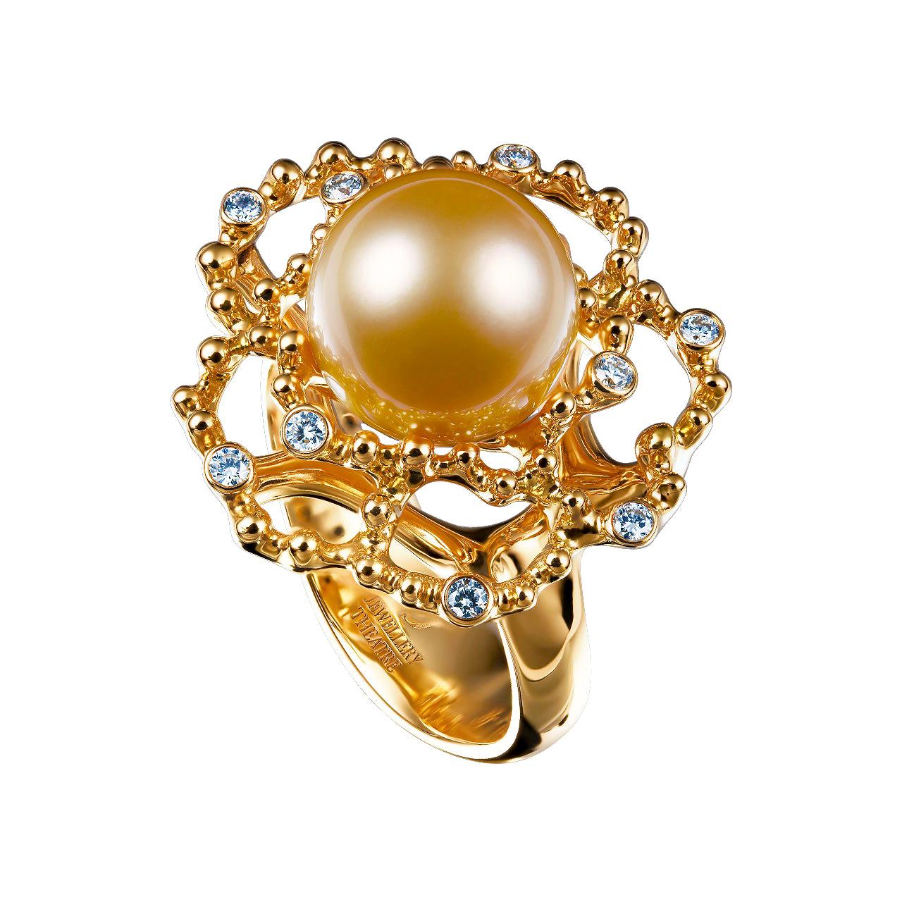 18 Karat Yellow Gold Golden South Sea Pearl and Diamond Cocktail Ring For Sale