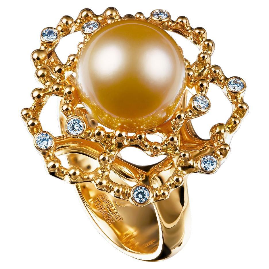 18 Karat Yellow Gold Golden South Sea Pearl and Diamond Cocktail Ring For Sale