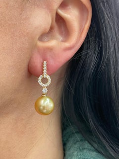 Golden South Sea Pearl Diamond Drop Earrings 0.61 Carats 18 Karat Yellow 11-12M
