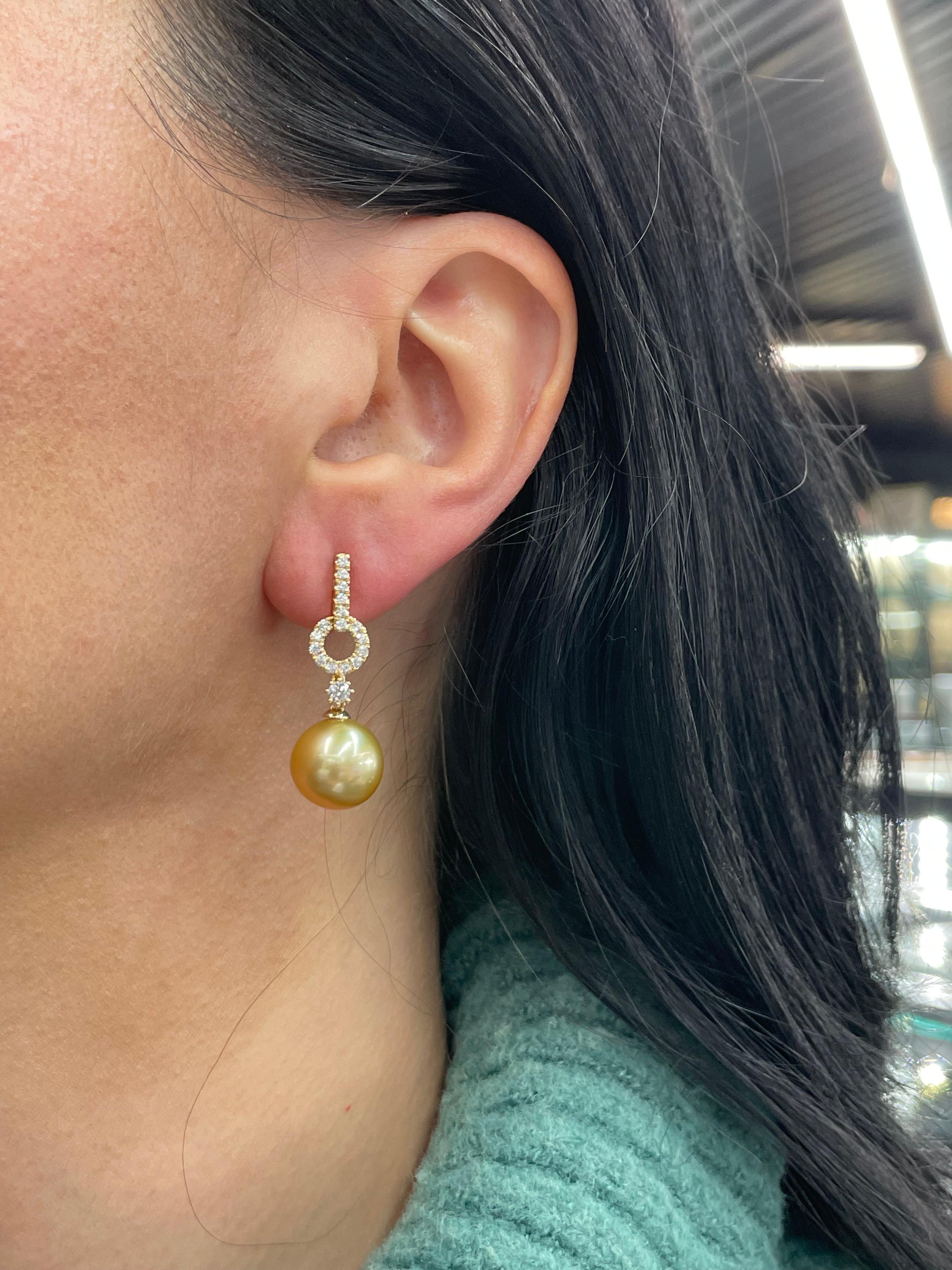 Golden South Sea Pearl Diamond Drop Earrings 0.61 Carats 18 Karat Yellow 11-12M For Sale 1