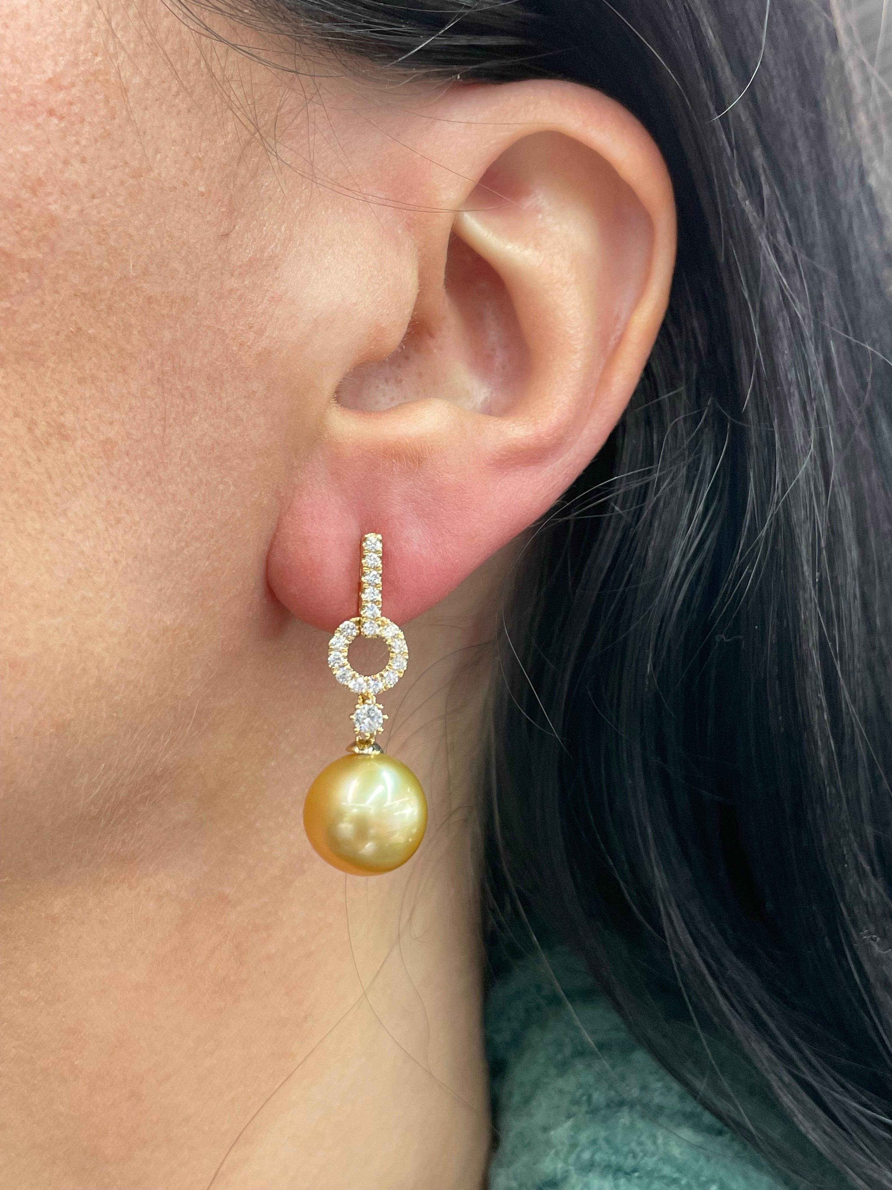 Golden South Sea Pearl Diamond Drop Earrings 0.61 Carats 18 Karat Yellow 11-12M For Sale 2