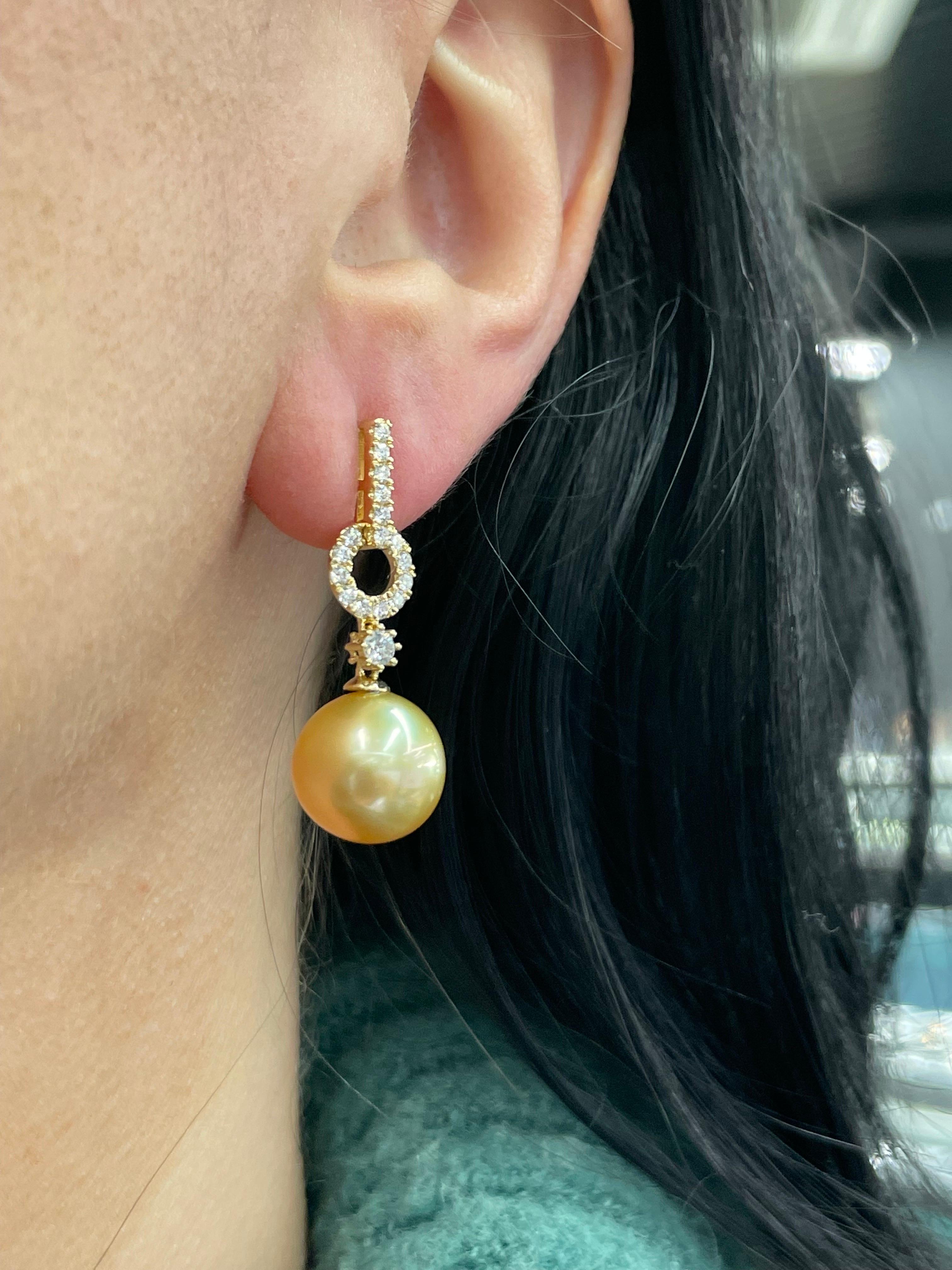 Golden South Sea Pearl Diamond Drop Earrings 0.61 Carats 18 Karat Yellow 11-12M For Sale 3