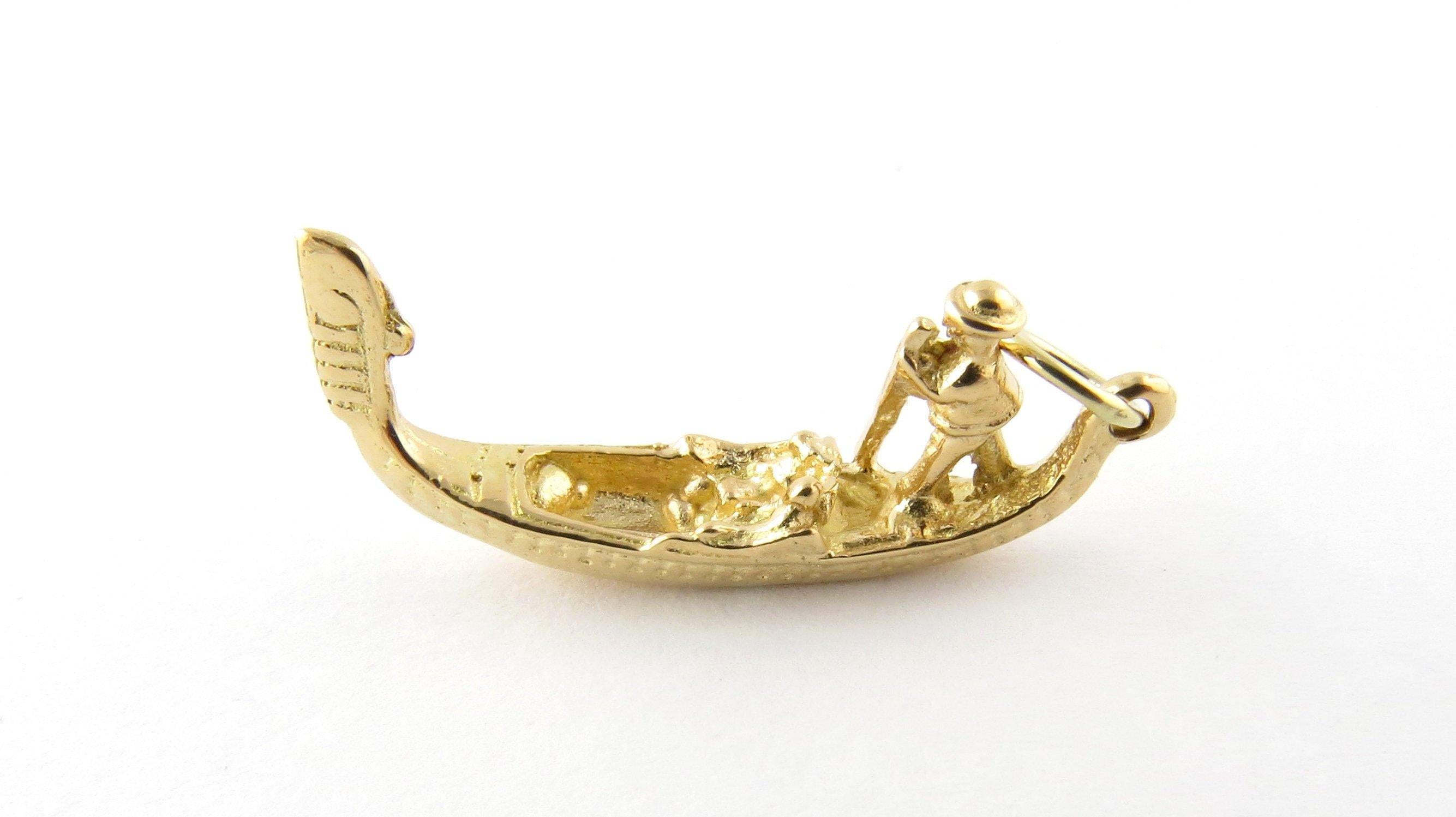 Vintage 18 Karat Yellow Gold Gondola Charm
Bring back those magical Venice nights! 
This lovely 3D charm features a miniature gondola and gondolier beautifully detailed in 18K yellow gold. 
Size: 29 mm x 12 mm (actual charm) 
Weight: 2.7 dwt. / 4.3