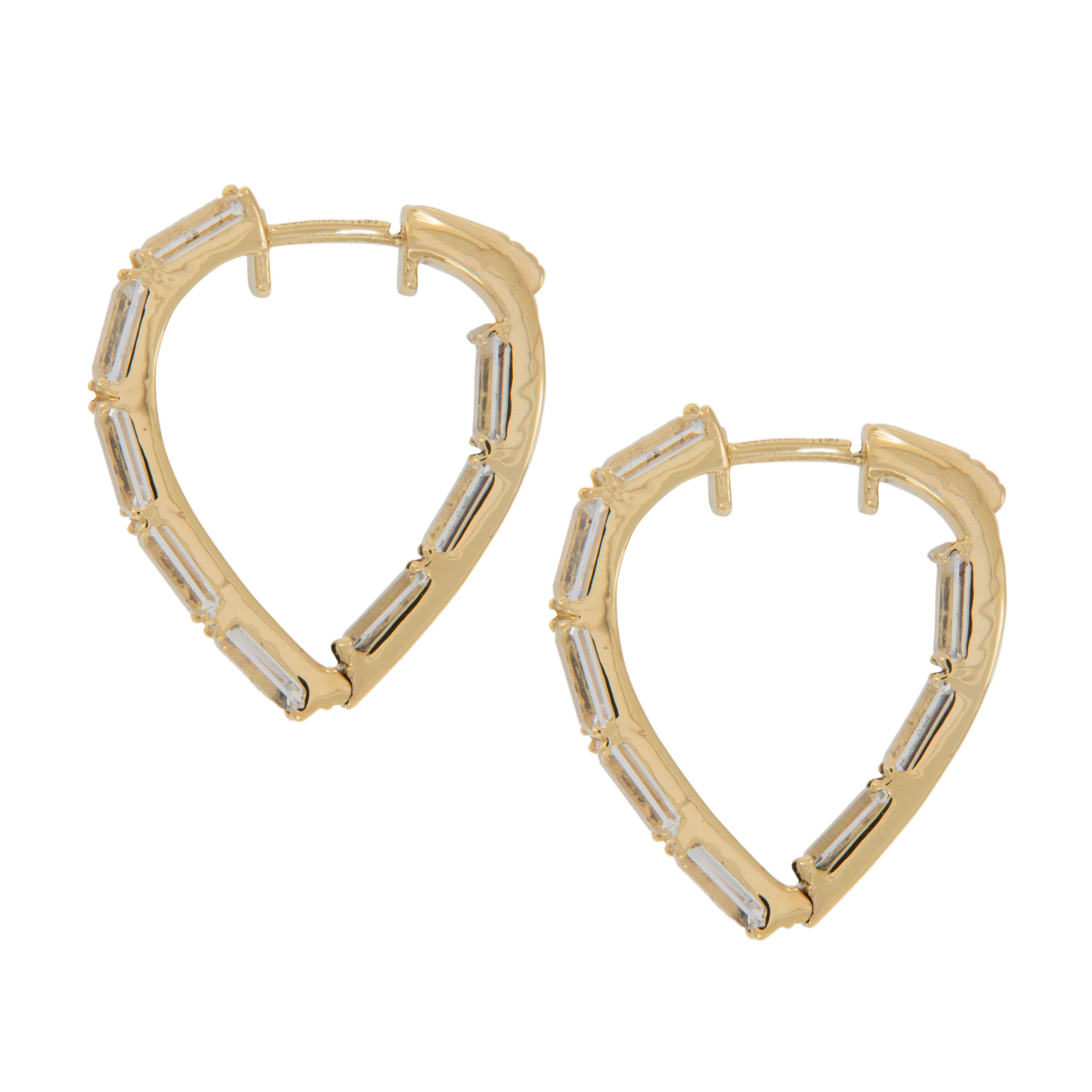 Baguette Cut 18 Karat Yellow Gold Gossip Rock Crystal Heart Hoop Earrings by Goshwara For Sale