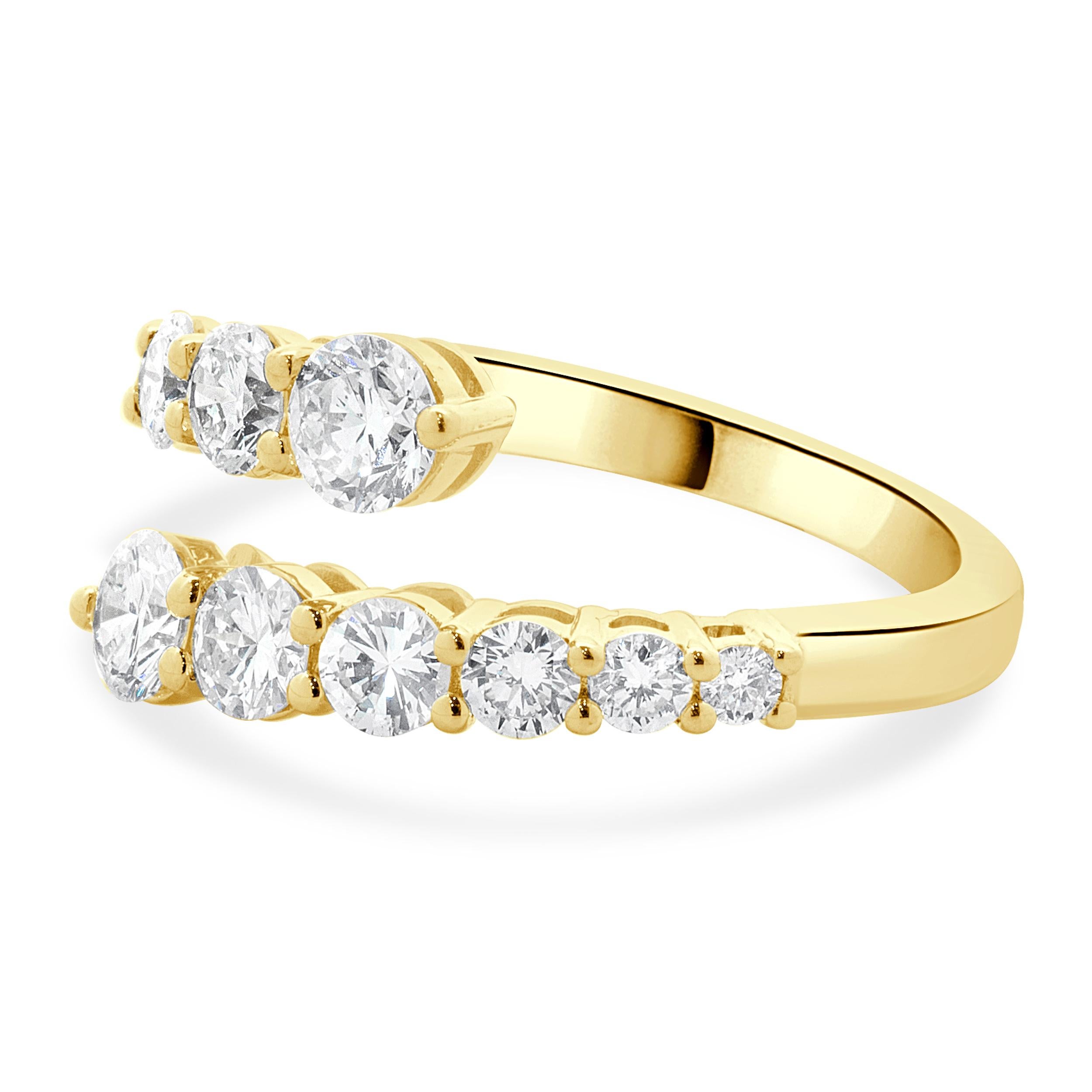 Designer: custom
Material: 18K yellow gold
Diamond: 12 round brilliant cut = 1.50cttw
Color: G
Clarity: VS1-2
Size: 6 sizing available 
Weight: 4.19 grams
