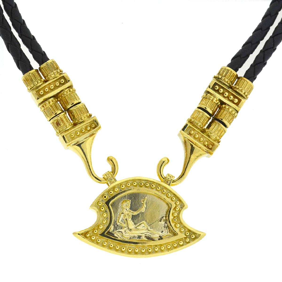 18 Karat Yellow Gold Grecian Pendant with Leather Necklace