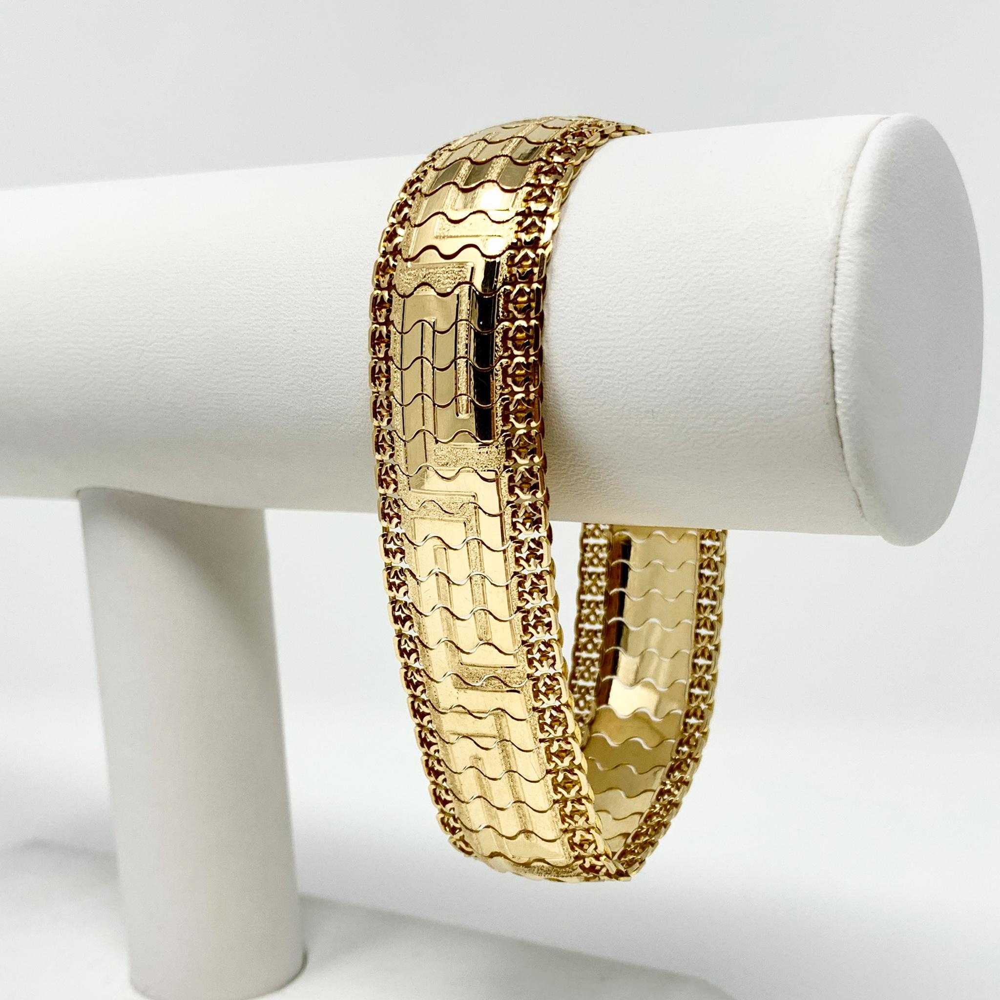 18k Yellow Gold Vintage Wide Greek Key Link Design Fancy Link Bracelet 7.75