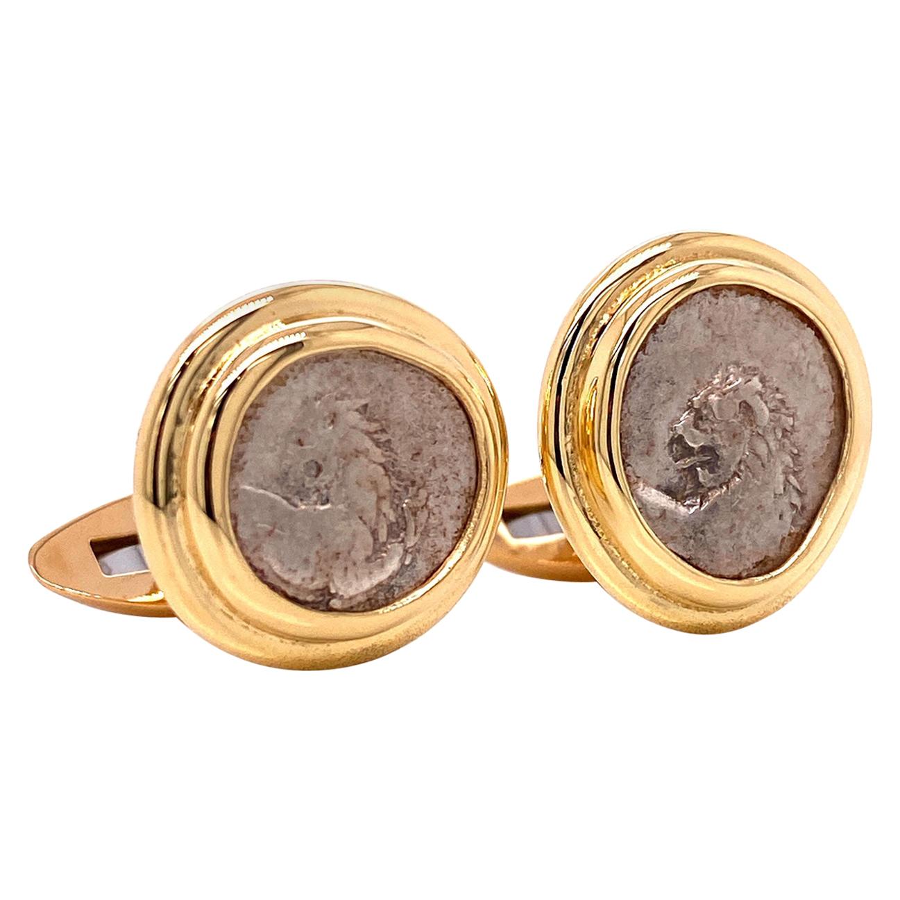 18 Karat Yellow Gold Greek Lion Coin Cufflinks