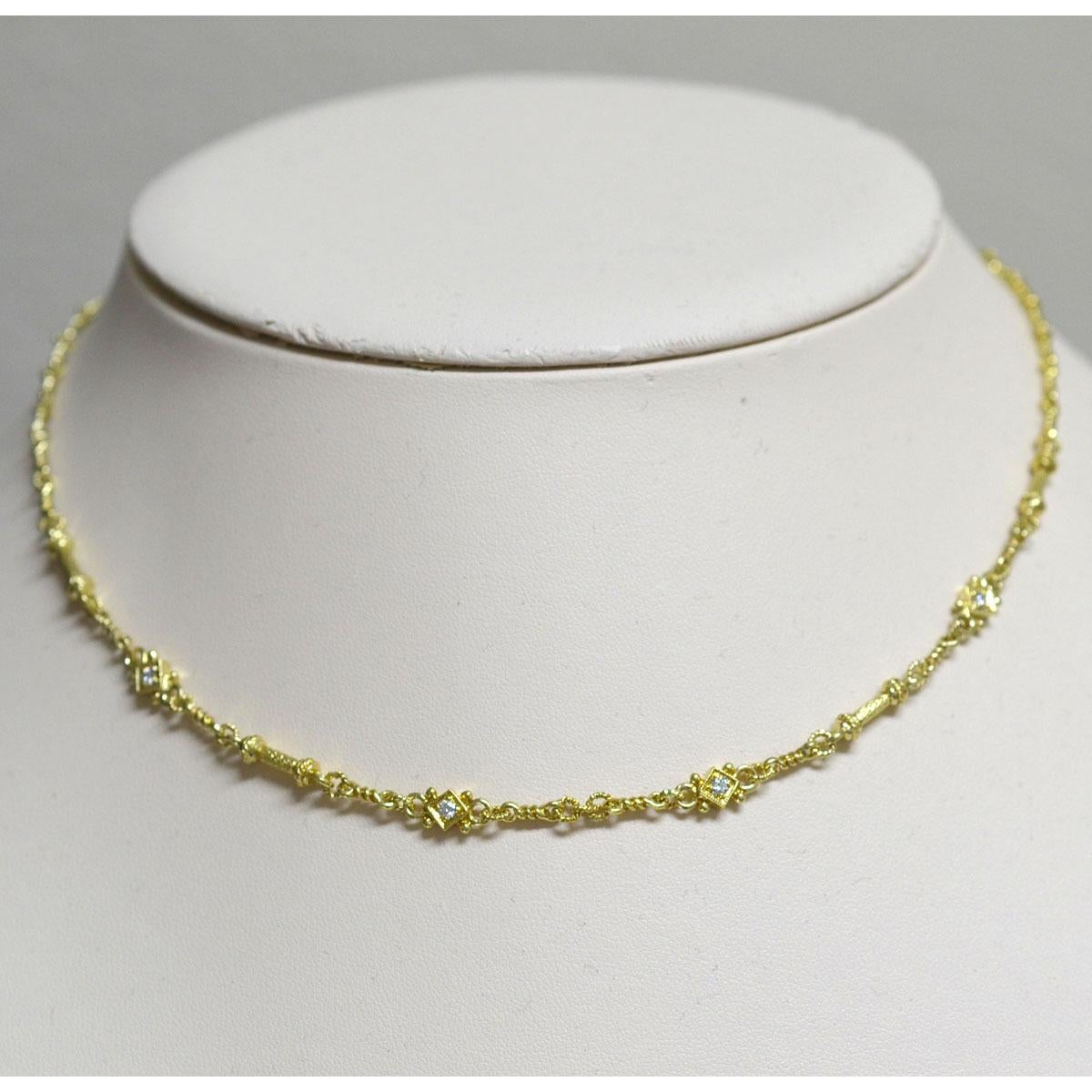 18 Karat Yellow Gold Greek Style Diamond Chain Necklace Approximate 0.12 Carat In Excellent Condition In Boca Raton, FL