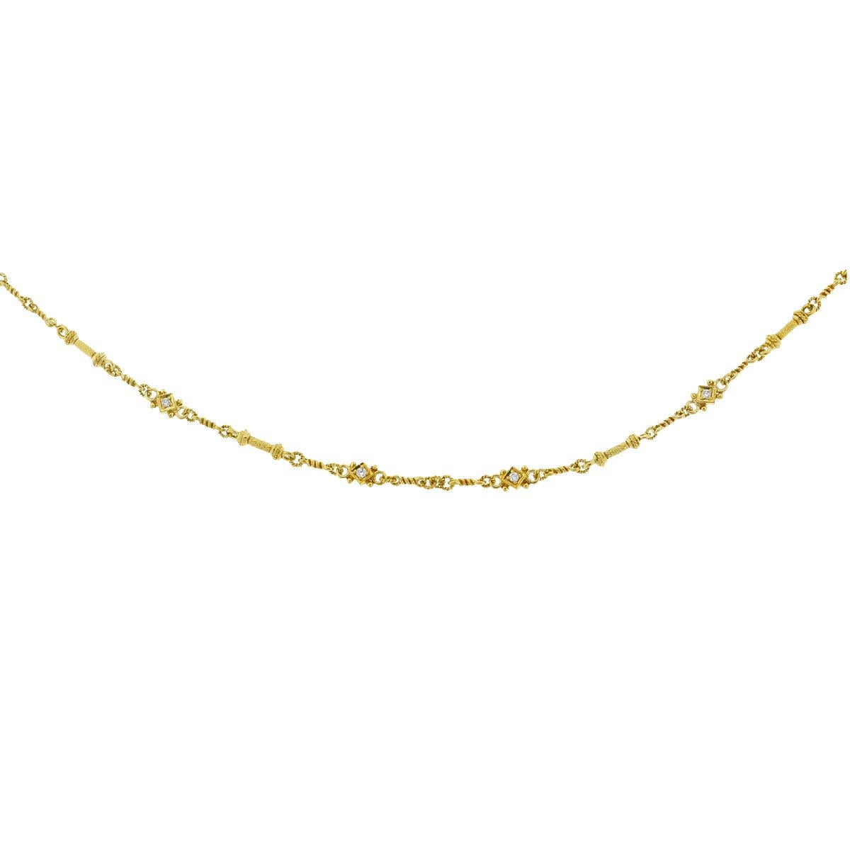 18 Karat Yellow Gold Greek Style Diamond Chain Necklace Approximate 0.12 Carat