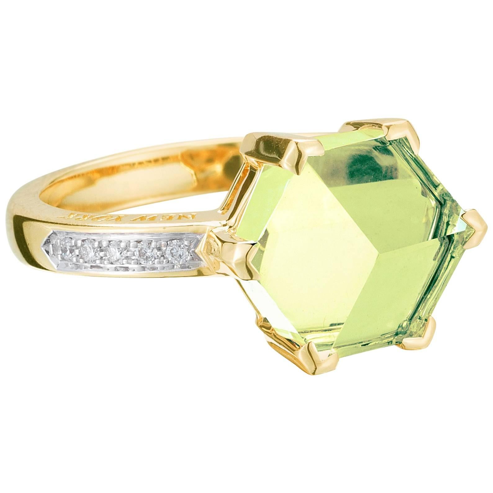 Paolo Costagli 18 Karat Yellow Gold Green Amethyst Brillante Valentina Ring For Sale