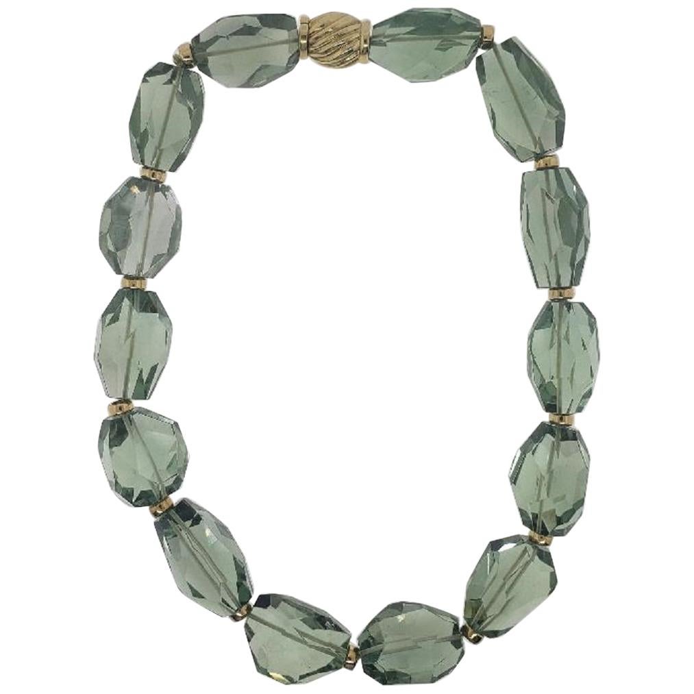 18 Karat Yellow Gold, Green Amethyst Bead Necklace For Sale