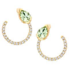 18 Karat Yellow Gold Green Beryl Diamond Curved Earrings