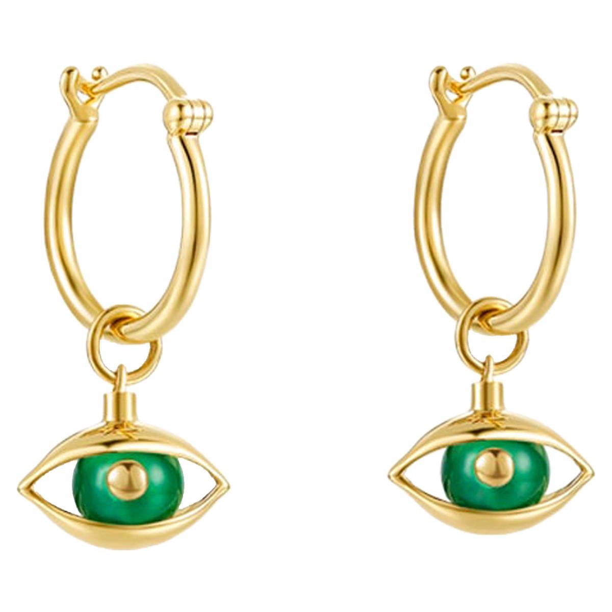 Eye Unisex Mini Hoop Earrings 18 Karat Yellow Gold Green Chalcedony Beads For Sale