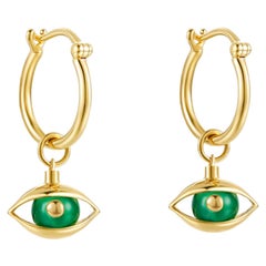 Eye Unisex Mini Hoop Earrings 18 Karat Yellow Gold Green Chalcedony Beads