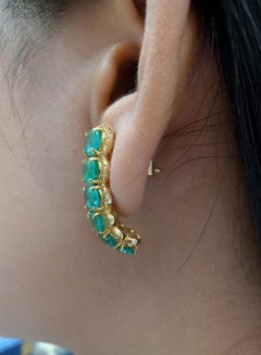 18 Karat Yellow Gold Green Emerald White Diamond Hoop Earrings
