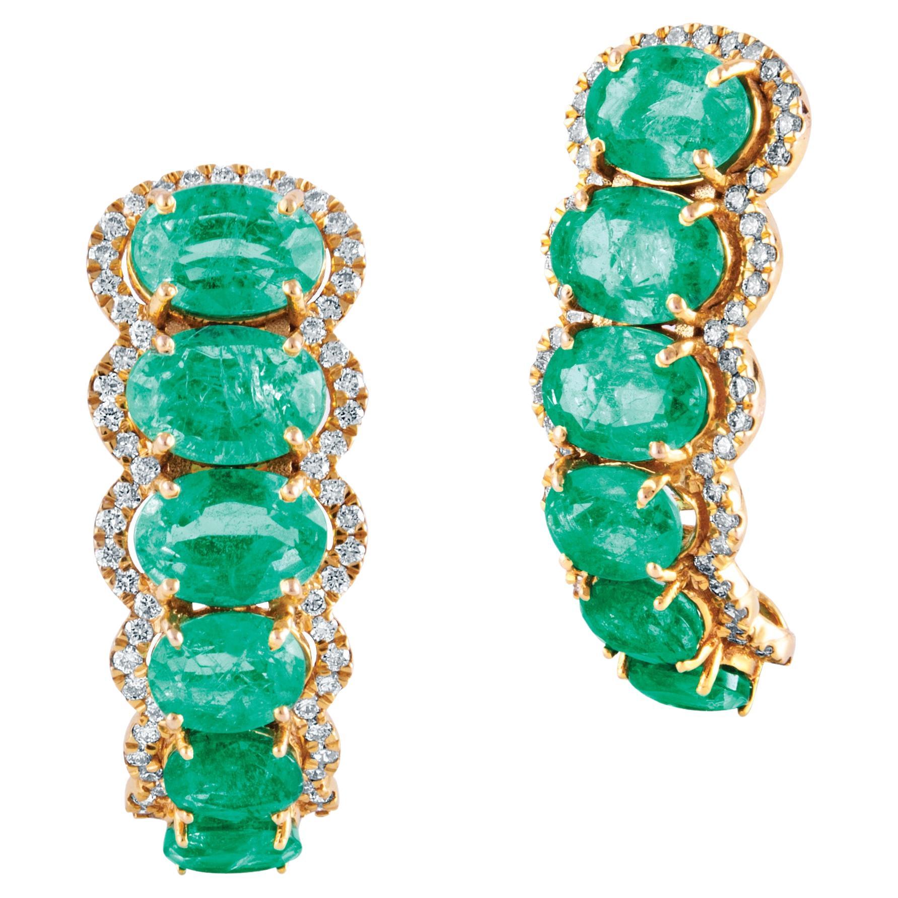 18 Karat Yellow Gold Green Emerald White Diamond Hoop Earrings For Sale